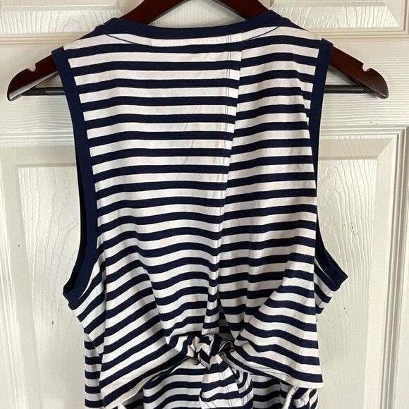 New J Crew Women Sz L Navy White Striped Dress Back Tie Sleeveless Knit Midi R3 - Picture 9 of 11